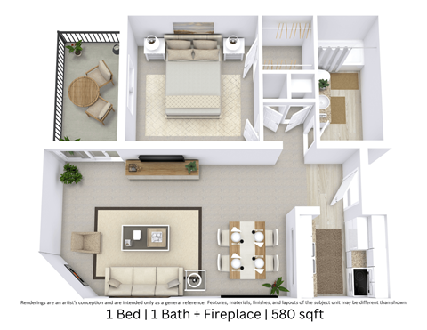 This is a 3D-floor plan providing a detailed, angled view of the space with room layouts, furniture placement, and spatial flow. Features 1 bedroom/s, 1 bathroom/s, and approximately 580 Sq. Ft